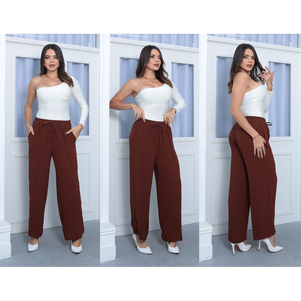 Calça Pantalona Duna Cintura Alta com Bolsos Laterais  Wide Leg Elegante e Casual Sofisticada