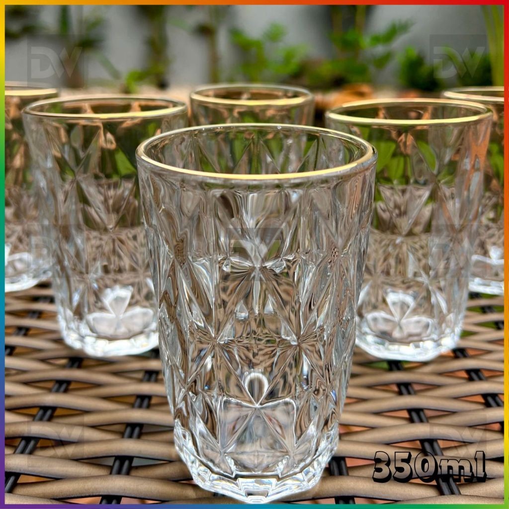 6 Copos Borda Dourada Diamante 350ml Borda de Ouro
