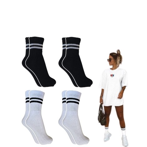 Meia Feminina Kit 4 Pares Cano Médio 36 - 41 com Listras Algodão Moda e Tendencia em Oferta na Shopee