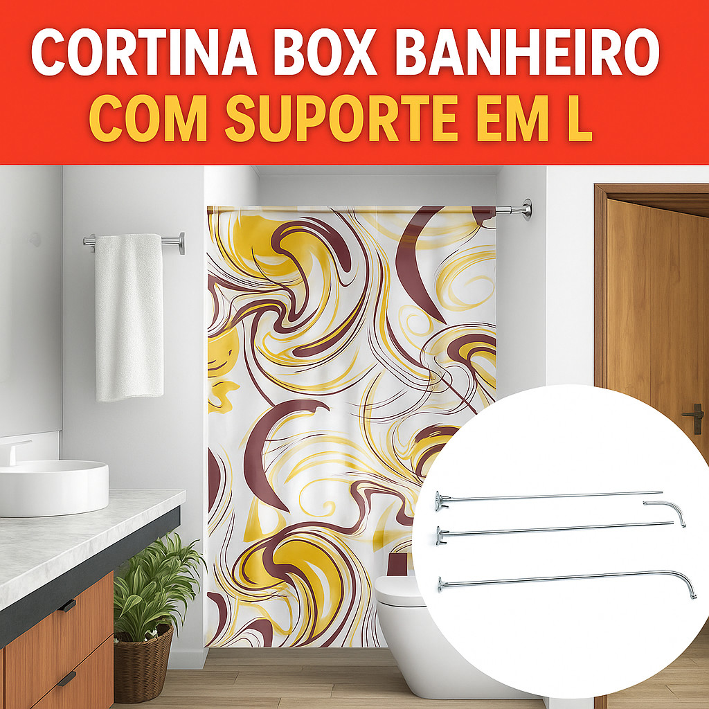 Kit Cortina Box Banheiro Impermeável PE 138x198cm Sortida com Suporte Em L Alumínio 1,50x1,50m