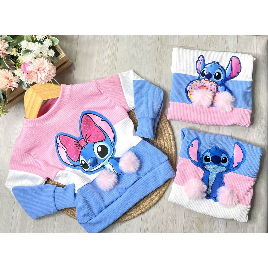 Conjunto Infantil Feminino Stitch 2 Peças Blusa Manga Longa Canelada , Look Inverno Menina Confortável Tendência