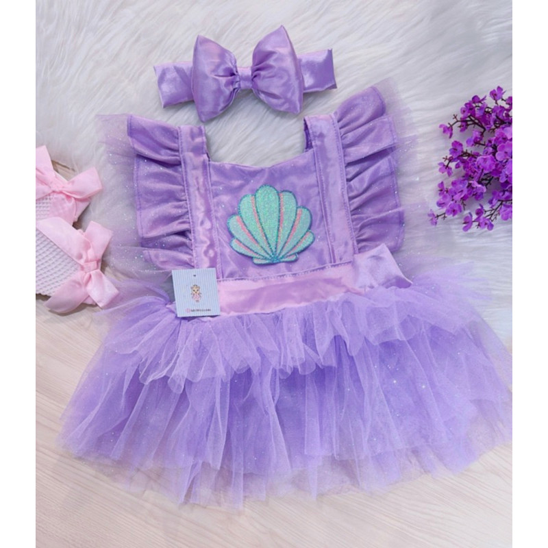Romper Fundo do Mar Concha Sereia Ariel Body Fantasia Vestido Salopete Infantil Bebê Menina Mesversario Aniversário