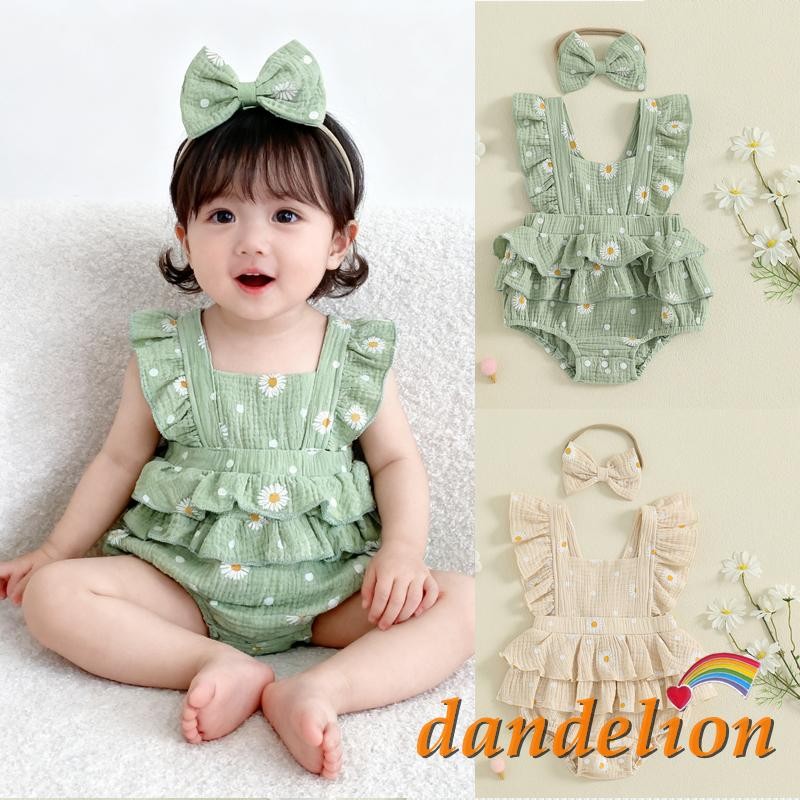 Macacão Infantil Com Estampa De Margaridas , Gola Quadrada , Sem Mangas , Costas Nuas E Faixa De Cabeça Laço