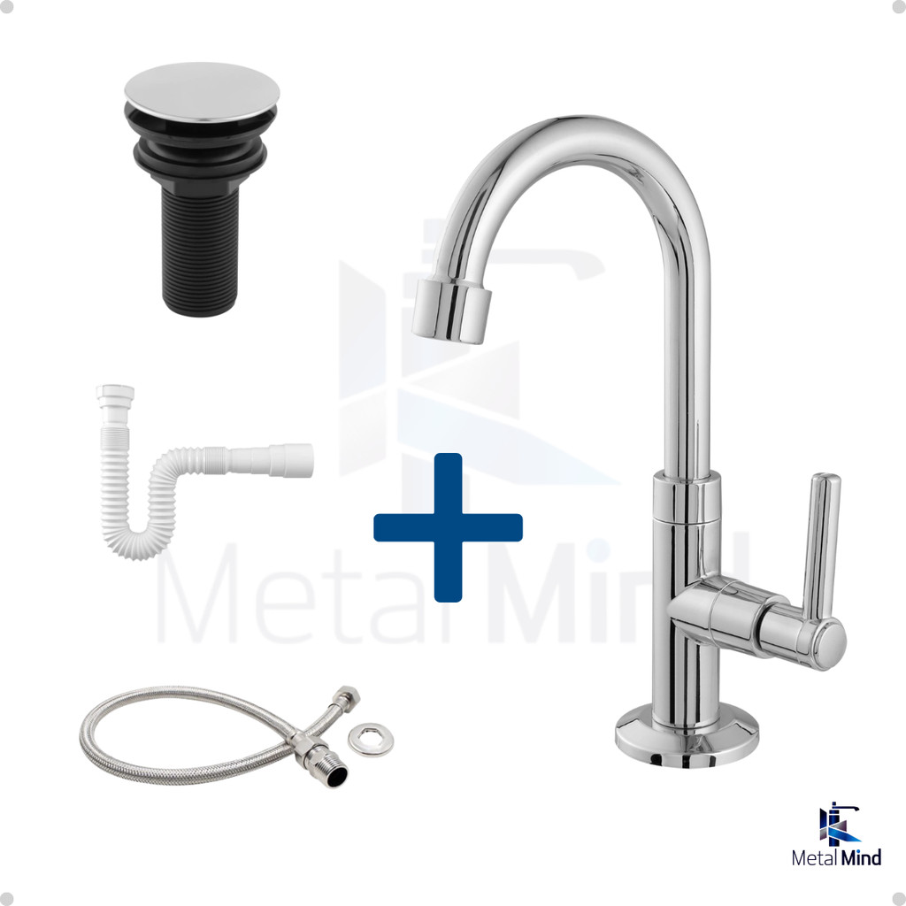 Kit Banheiro em ABS Cromado -Torneira Bica Baixa, Válvula Click, Engate Flexível e Sifão Branco