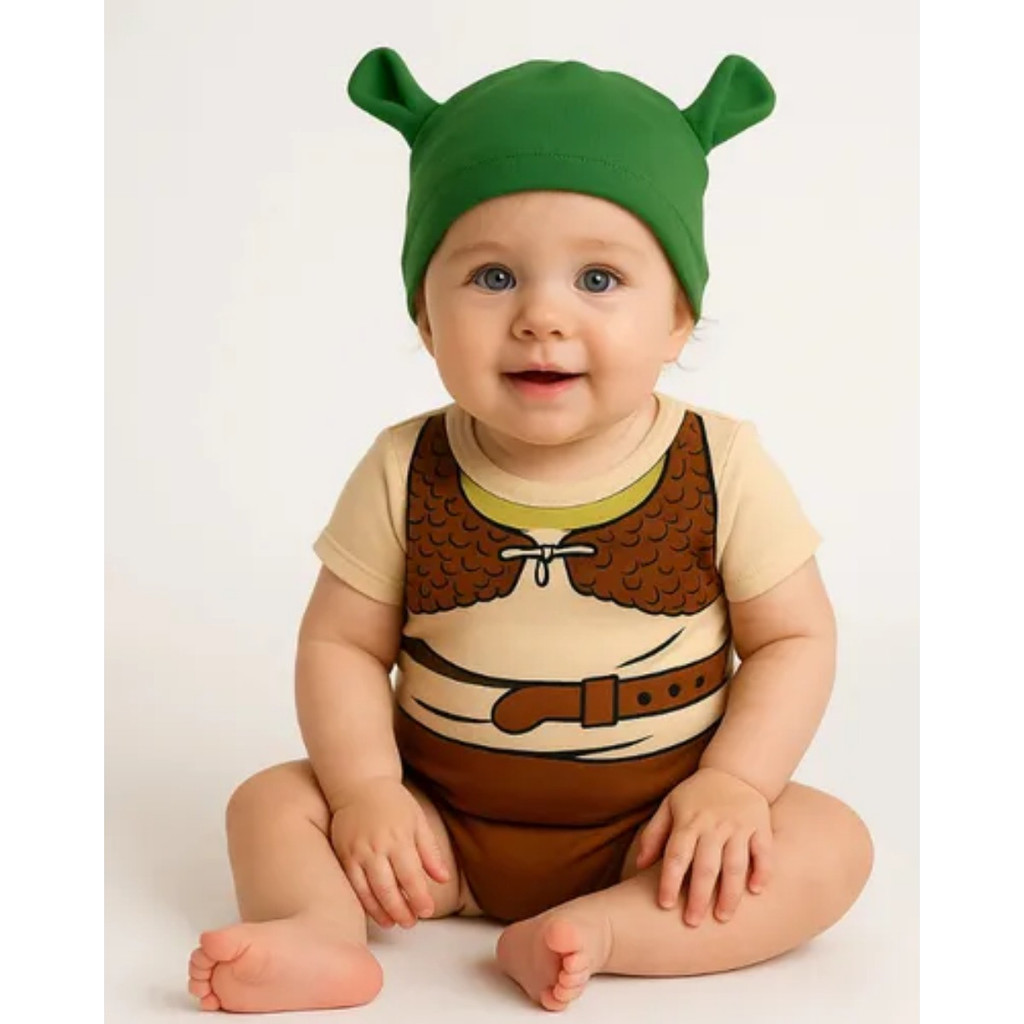 Body Bebe Mesversario Fantasia Tematico Menino Sherek Touca