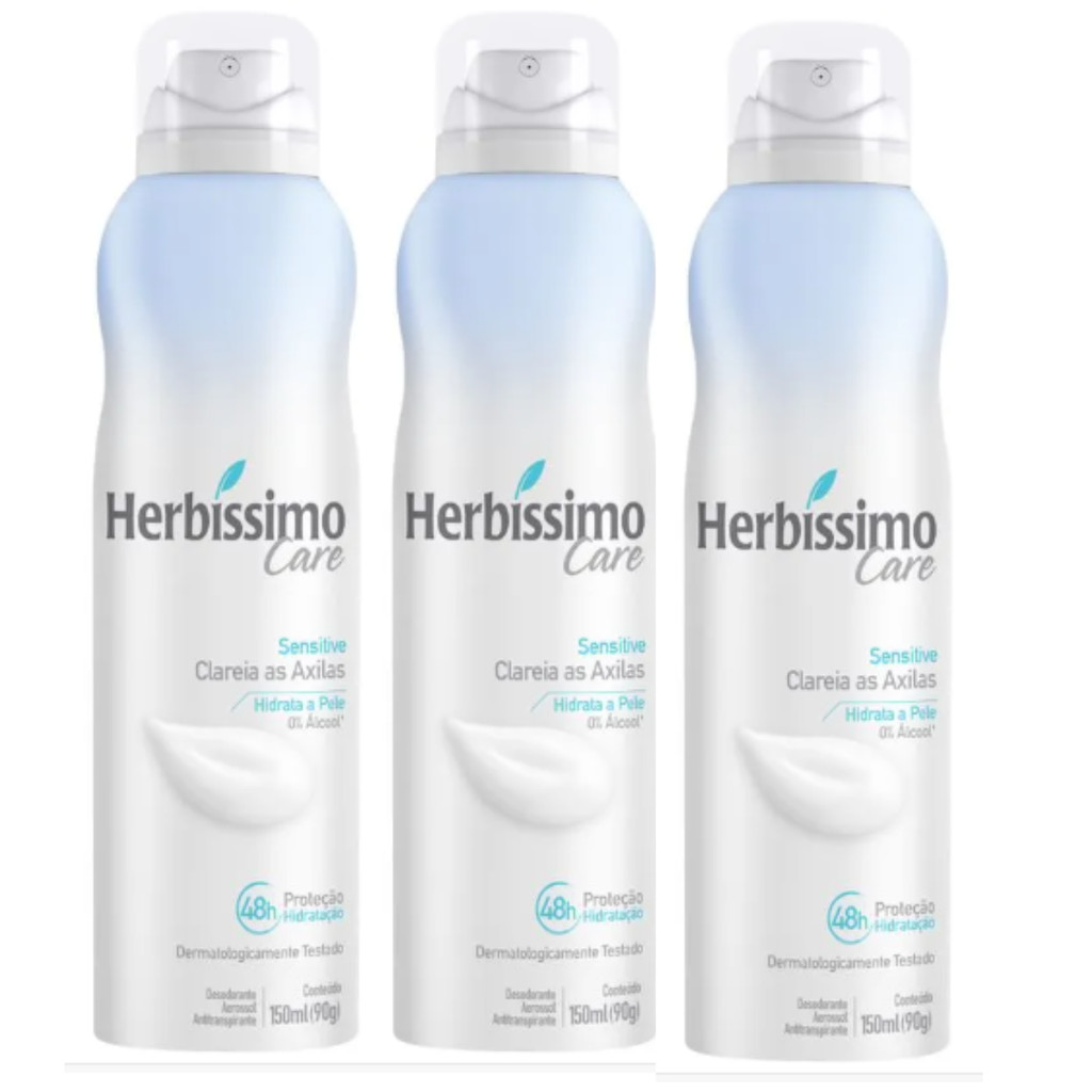 Kit 3 Desodorante Aerossol Herbíssimo Care Sem Álcool Sensitive 150Ml – Dana em Oferta na Shopee