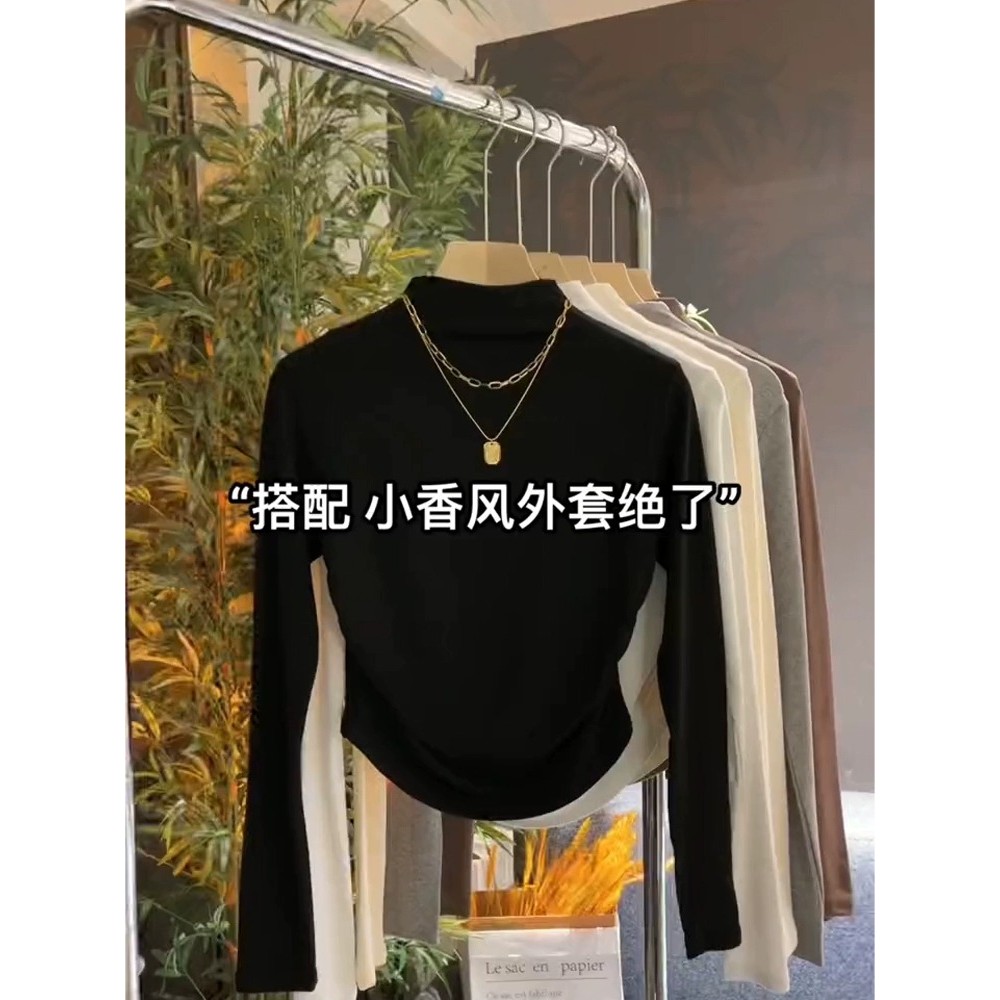 Gola meia alta interior simples manga comprida topo feminino primavera forro de lã grosso camiseta Irregular cintura est