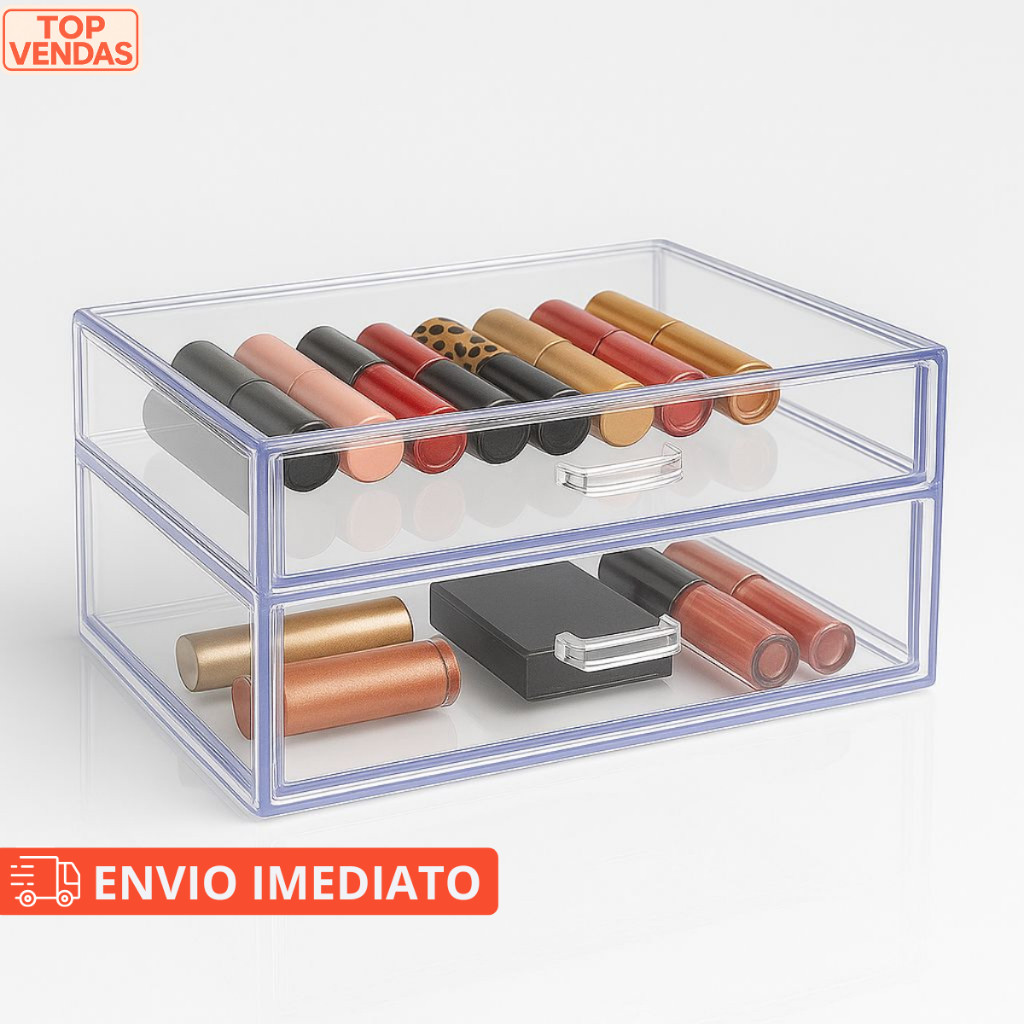 Organizador de Maquiagem Multifuncional Gaveteiro Caixa Acrílico Porta Algodão 2 Gavetas Organizadora Para Cosméticos