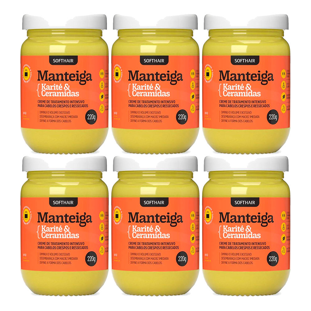 Kit 6 Creme Manteiga de Karité com Ceramidas para Cabelos Ressecados Tratamento Capilar 220g Soft Hair