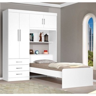 Guarda Roupa Solteiro 4 Portas com Cama de Solteiro Cancun Flex Color Branco/Lilás em Oferta na Shopee