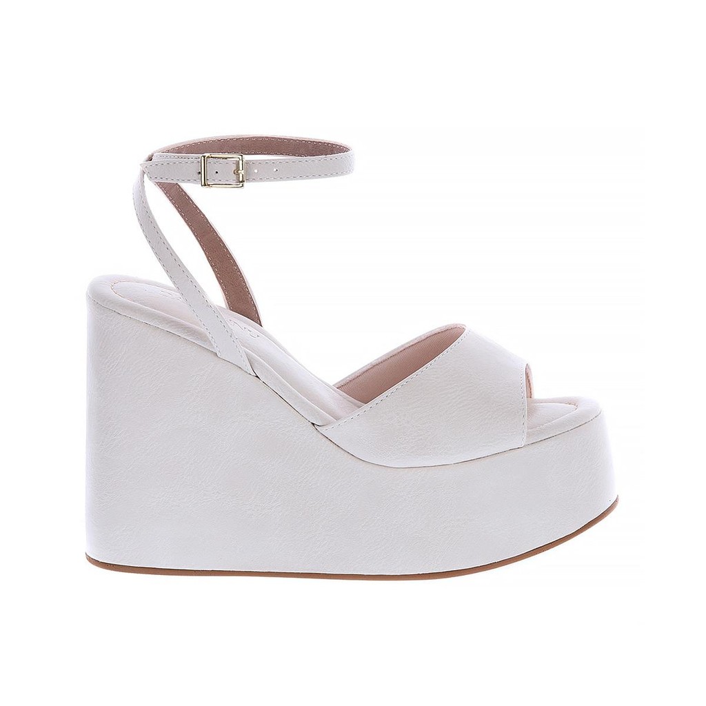 Agatha - Sandália Plataforma Anabela Off White com Tira no Tornozelo
