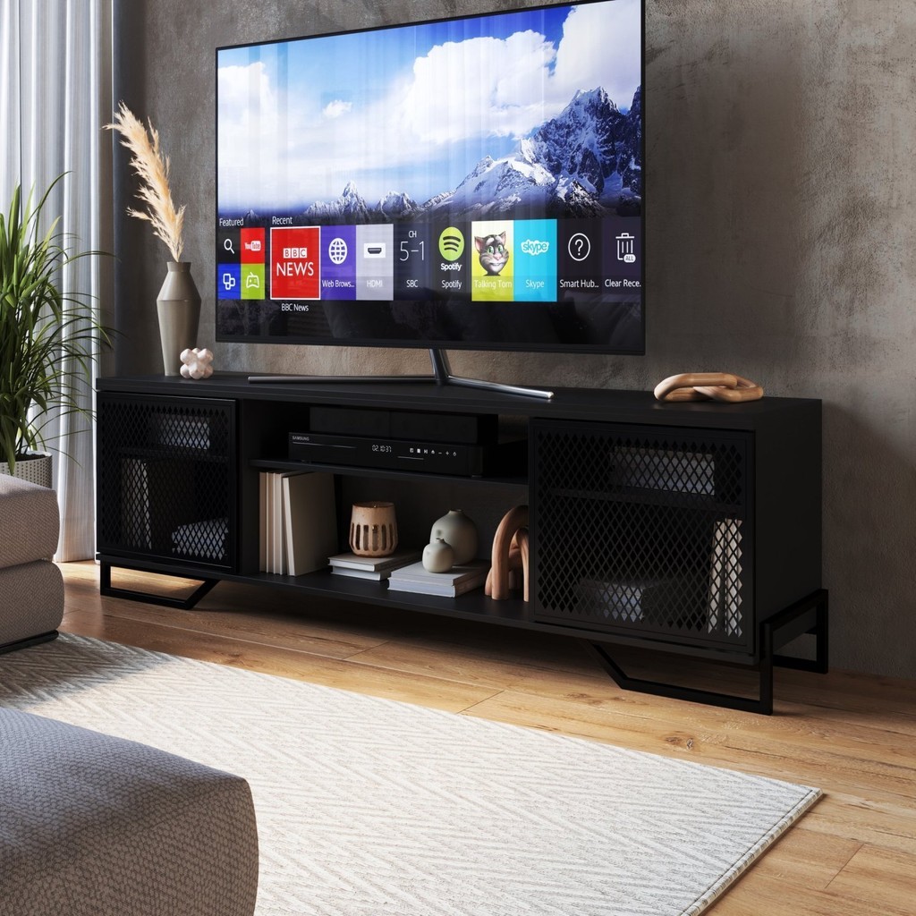 Rack Para TV ate 60 Polegadas Estilo Industrial 180cm em MDP e Portas Teladas P1027 Preto em Oferta na Shopee