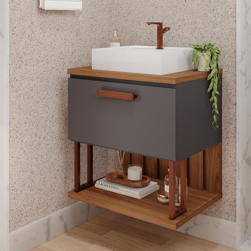 Gabinete Suspenso com Cuba 60cm Mari Espresso Móveis Titanium em Oferta na Shopee