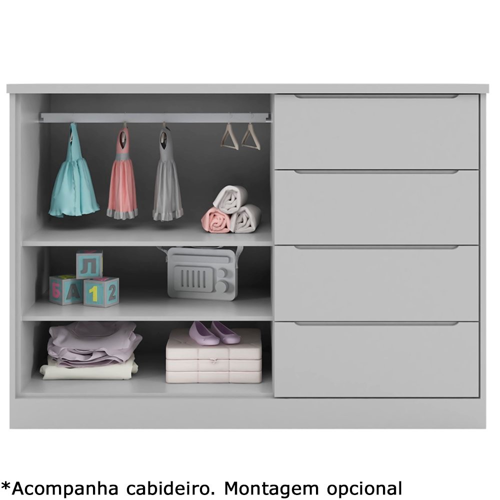Detalhes do Cômoda Infantil 4 Gavetas 2 Portas  com Cabideiro Pérola Cinza