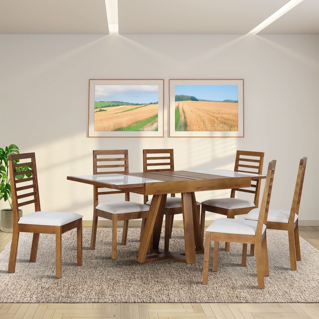Conjunto Sala de Jantar Atena Mesa Extensível 178x78cm Tampo Vidro 6 Cadeiras Assento Estofado