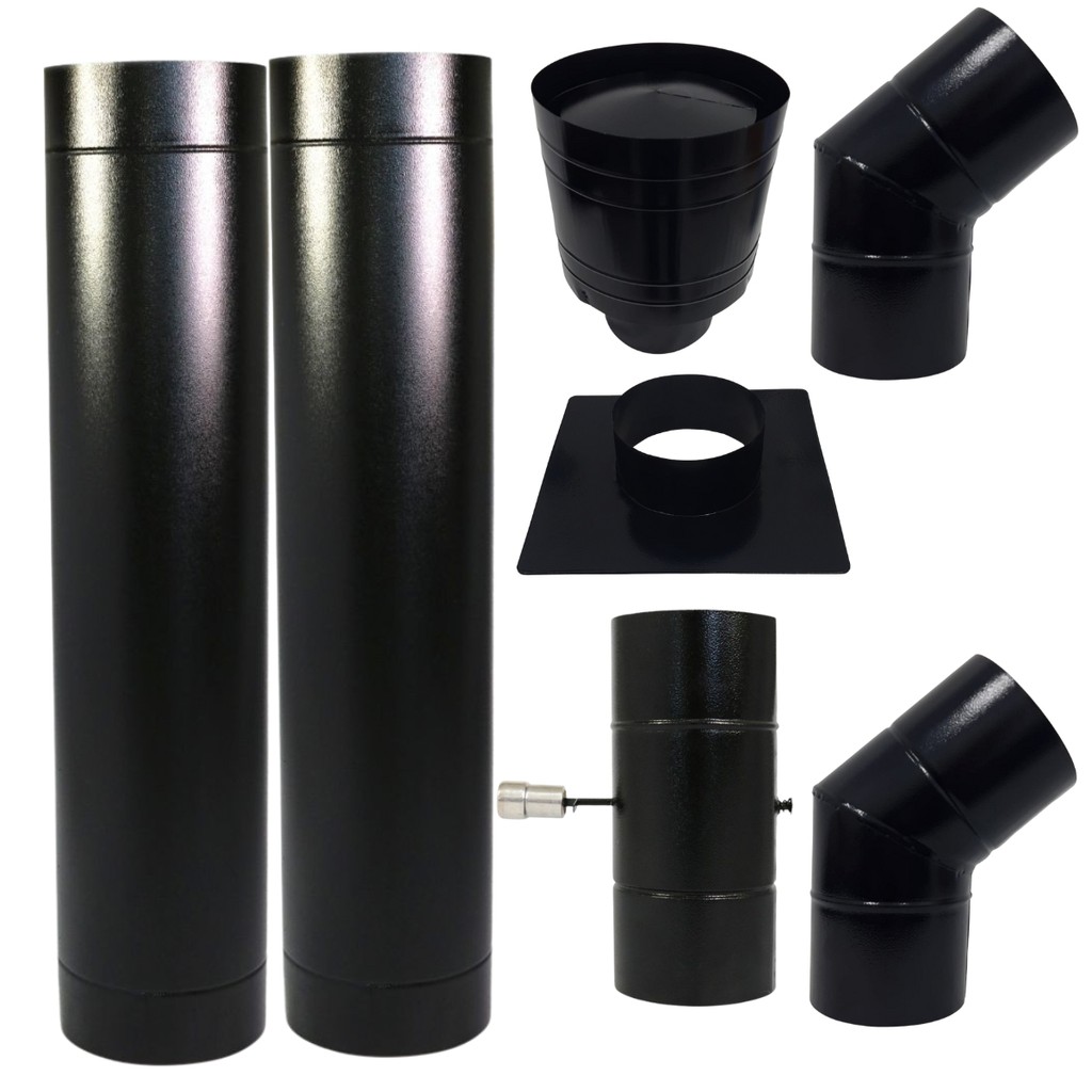 Kit Chaminé Preto 5 Pol 2m Chapéu Canhão Damper Curva 45