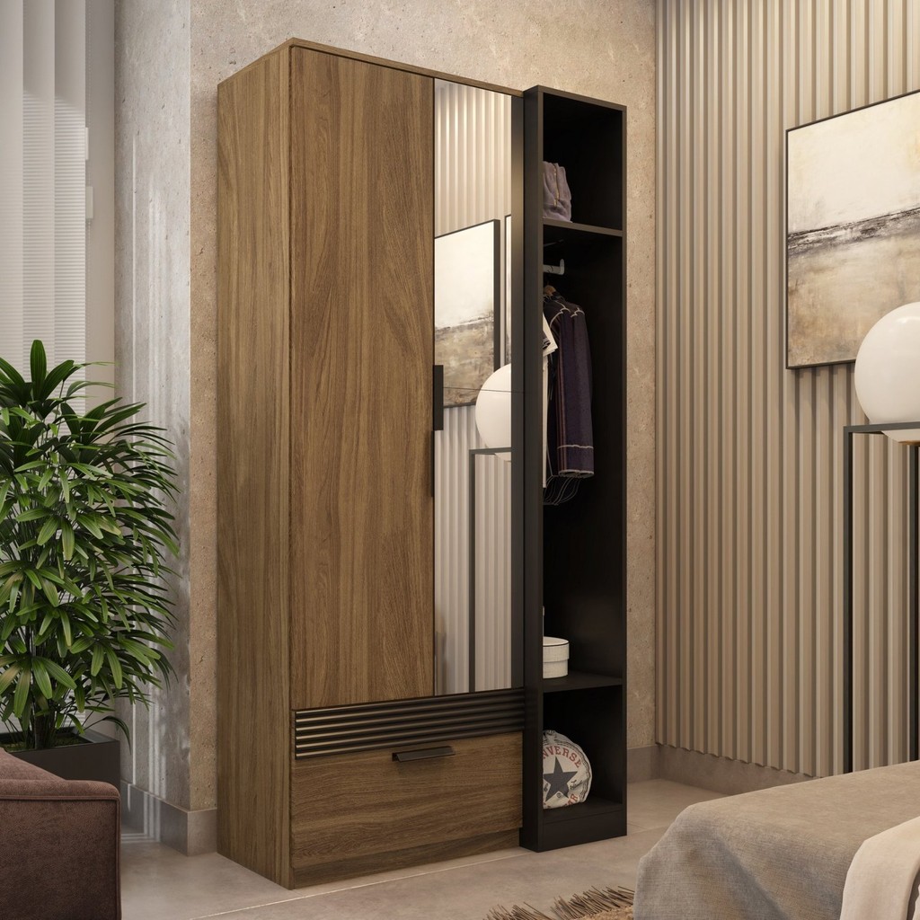 Guarda Roupa Solteiro com Espelho 2 Portas 1 Gaveta Capri  Nogueira/Preto em Oferta na Shopee