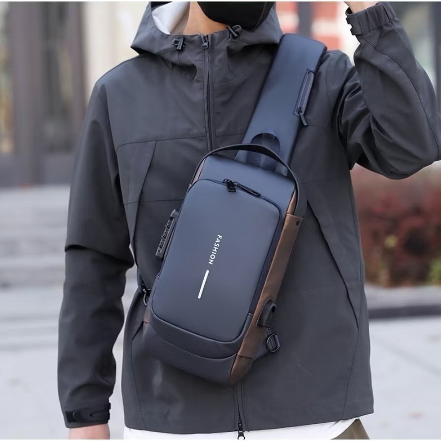 ​Mochila Peito Ombro Bolsa  Pochete Masculina Transversal Impermeável USB Cadeado Antifurto