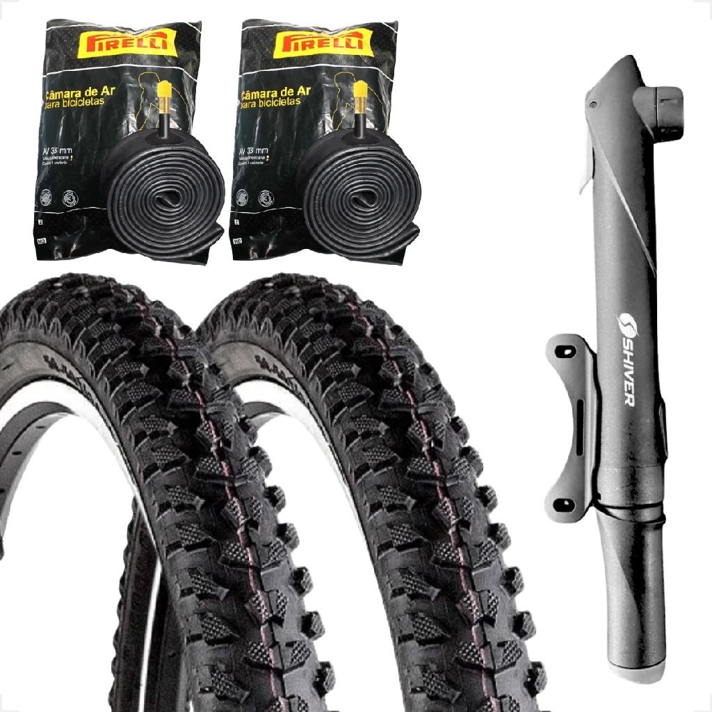 PAR Pneu bicicleta Levorin Excess aro 26 1.95 banda leve PAR Camara Pirelli bico grosso Mini bomba