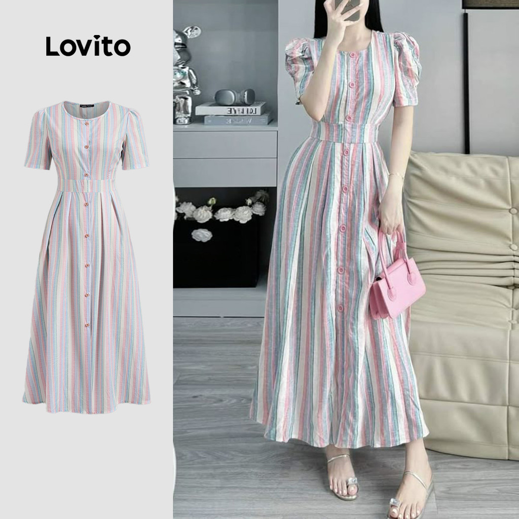 Lovito Vestido Casual Listrado Geométrico Vestido De Verão/primavera Para Mulheres L133ED583 em Oferta na Shopee