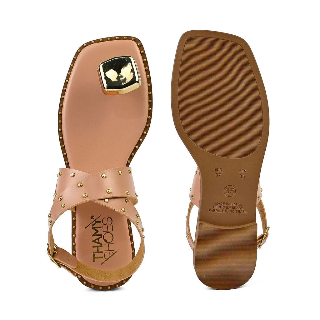 Sandália Rasteira Feminina Com Aplique Bico Quadrado Ref 41022