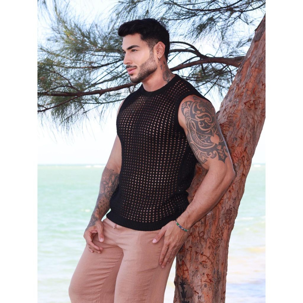 regata masculina sem manga gola careca tricot blusa verão primavera homens casual praia