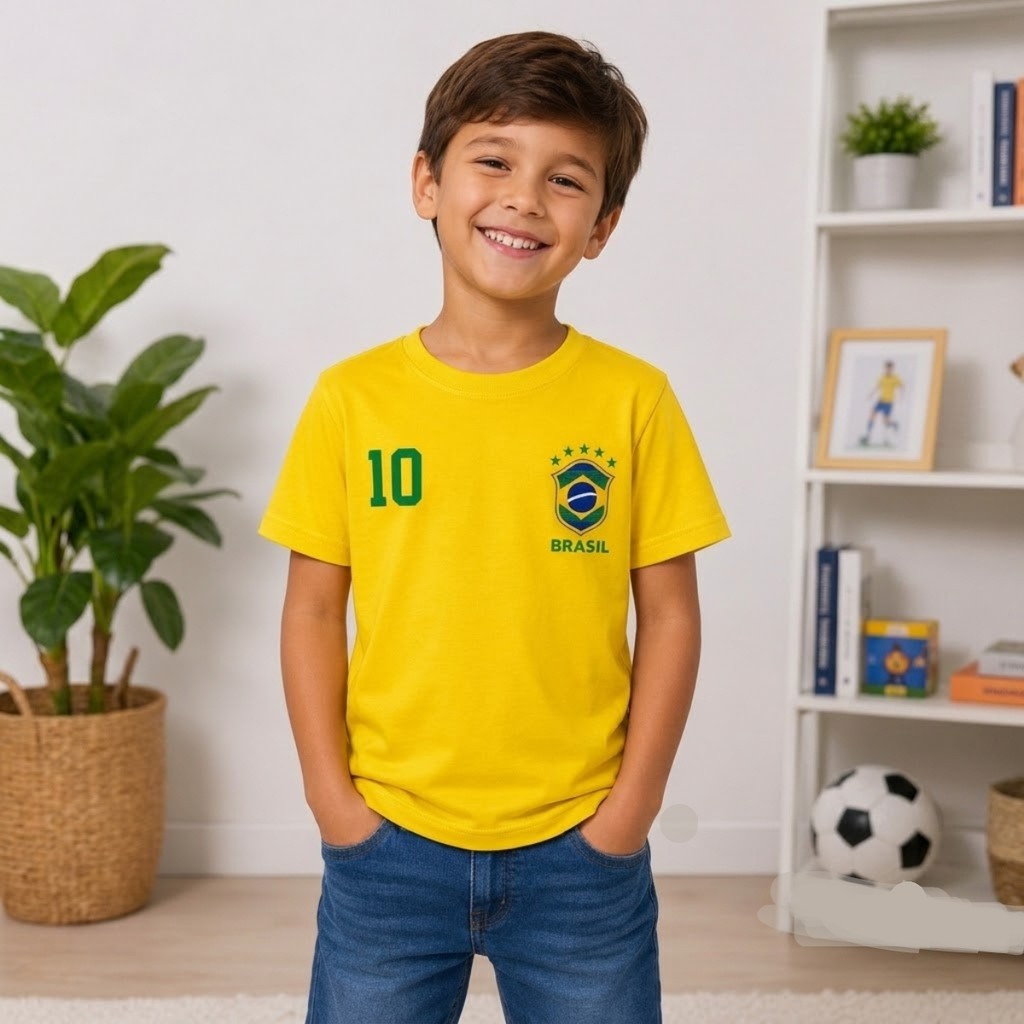 Camisa Brasil Infantil Amarela Estampa Número 10 Seleção Brasileira Futebol Menino Premium
