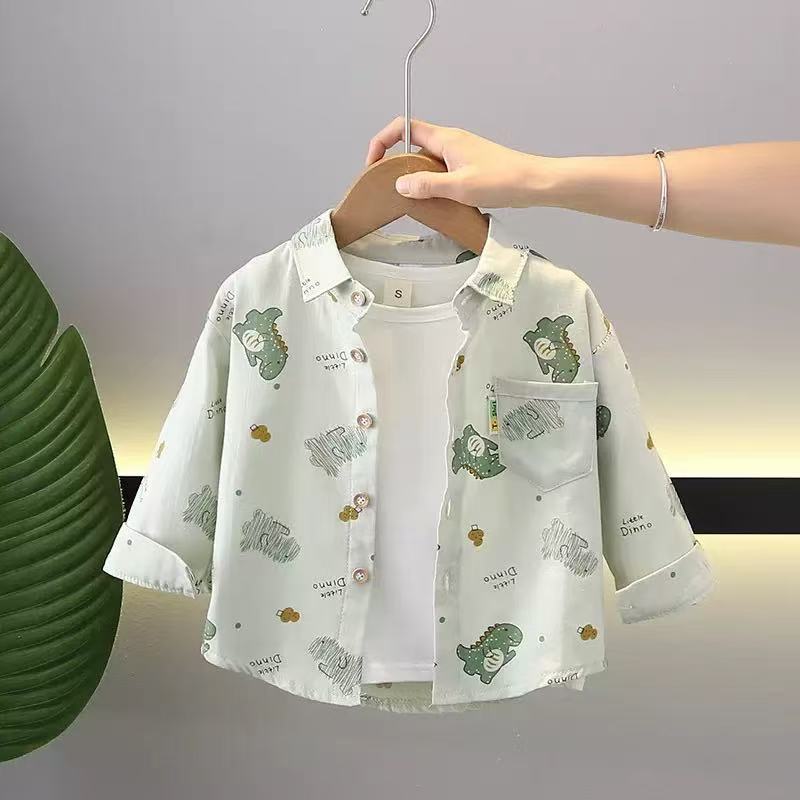 Bebê puro algodão camisa crianças primavera outono estilo bonito manga comprida dinossauro camisa meninos outono jaqueta