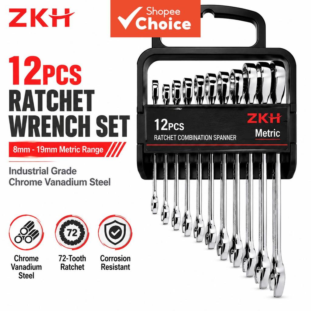ZKH HHT-MRCS012 Conjunto de 12 peças de chave combinada polida métrica, 8-19 mm, para serviços de manutenção mecânica
