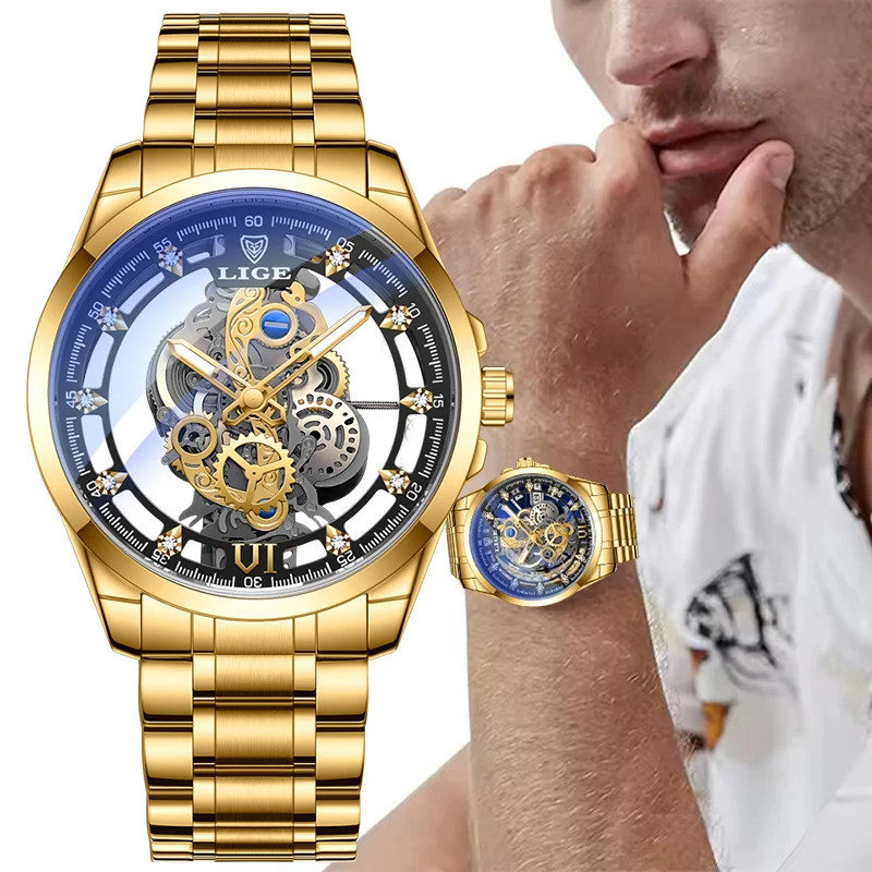 Original LIGE Relógio Masculino Ouro Aço Inoxidável Oco Esqueleto Relógios De Quartzo Para Homens Moda Militar À Prova D