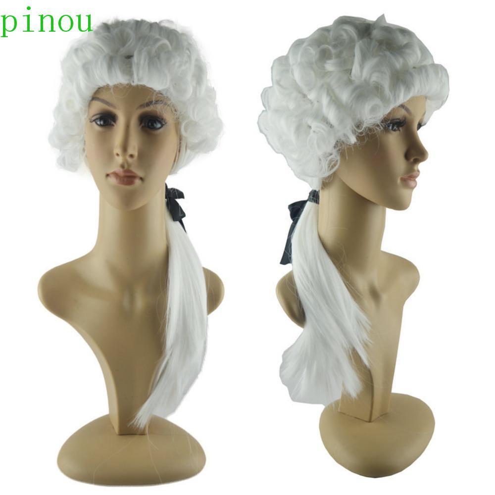 PINOU Peruca Cosplay De Halloween , Longa Cinza Branca Juiz De Advogado , Perucas Masculinas Encaracoladas Barrocas Engr