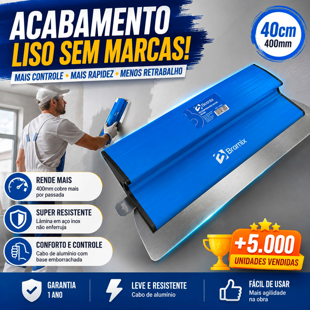 Desempenadeira Bramix 40cm Em Aço Inox Cabo De Alumínio Emborrachado Acabamento Fino