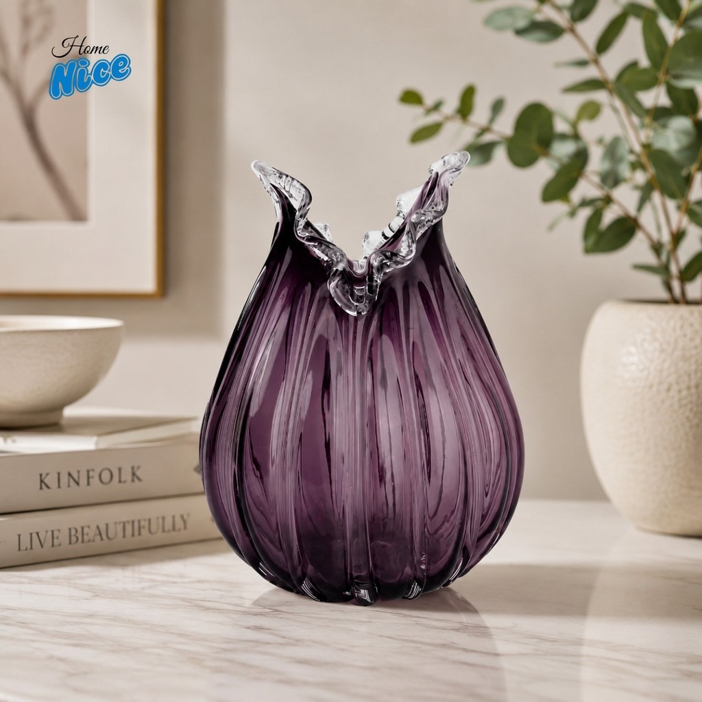 Vaso Decorativo Murano Ametista em Vidro 26cm Luxo e Sofisticação para Sala e Aparador