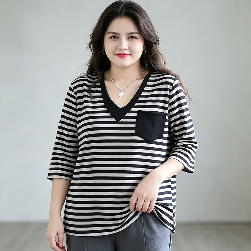 [Roupas femininas plus size] Camiseta solta Casual de manga curta 150kg pode usar roupas femininas plus size camiseta fa