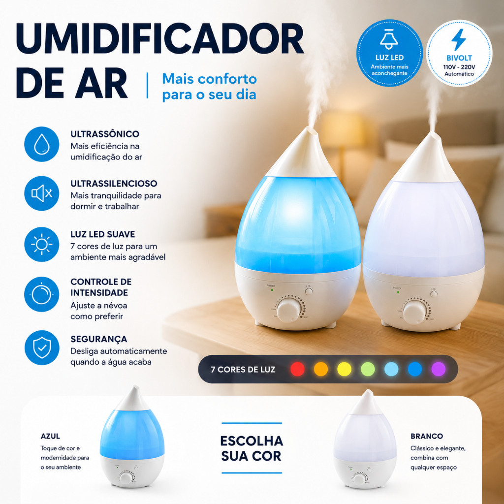Umidificador de Ar Ultrassônico 1,3L Bivolt LED 7 Cores Silencioso Controle de Intensidade Luminária