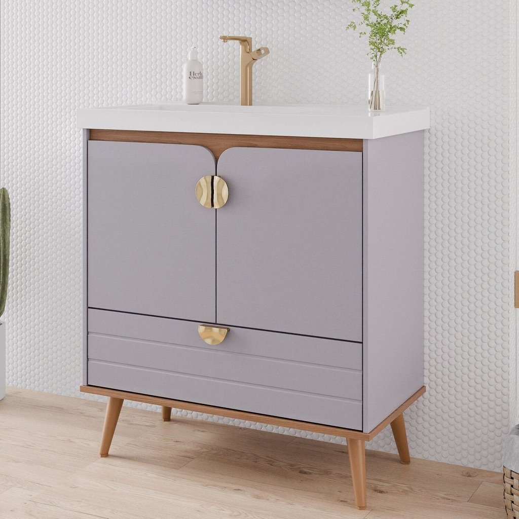 Gabinete para Banheiro 80cm com 2 Portas 1 Gaveta e Cuba de Embutir Trancoso Cinza/Platina Platina