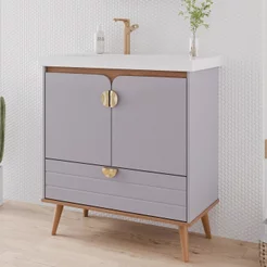 Gabinete para Banheiro 80cm com 2 Portas 1 Gaveta e Cuba de Embutir Trancoso Cinza/Platina Platina