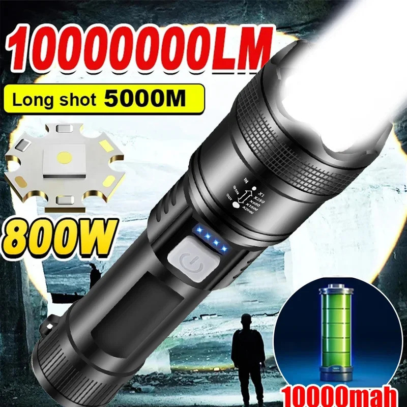 Lanterna LED P70 Potente 5000LM Ultra Brilhante, Luz Tática de Emergência, Holofote com Zoom Telescópico e Integ