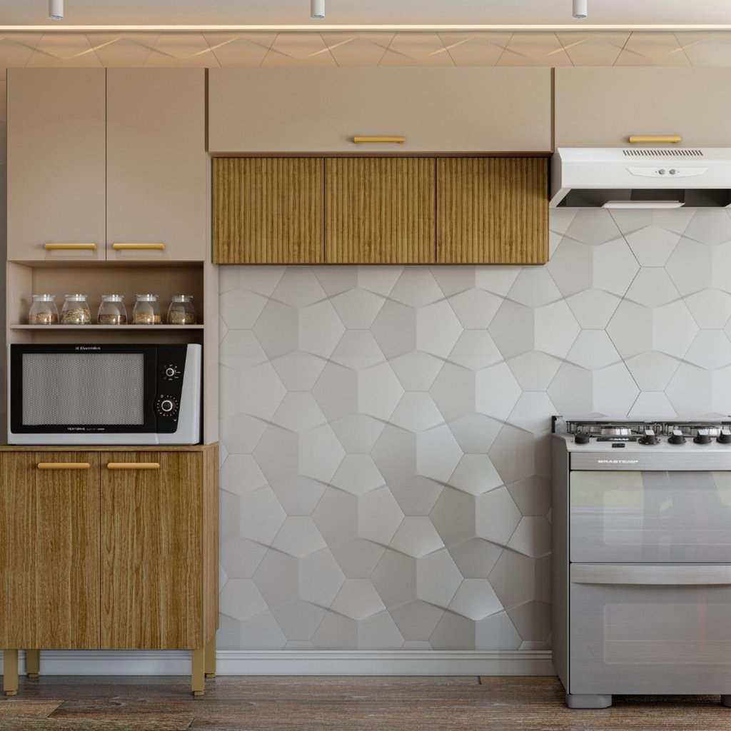Cozinha Compacta Modulada 3 Peças 9 Portas sem Balcão Urbane Bege/Freijó/Vanilla/Ripado Freijó/Vanilla/Ripado