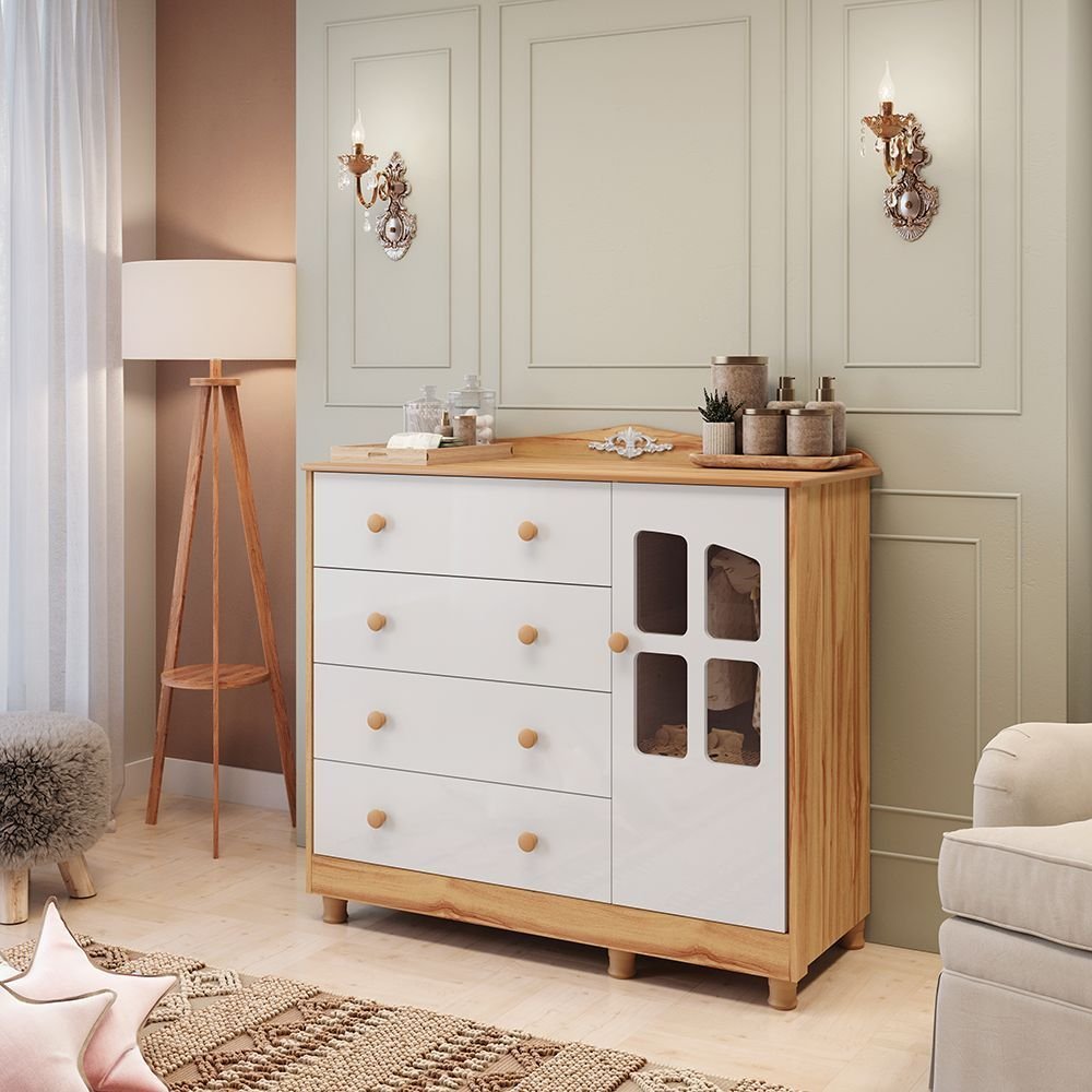 Cômoda de Bebê 120,30cm 1 Porta com Janela 4 Gavetas 100% MDF Maya Clássico Espresso Móveis Branco/Brilho/Amêndoa