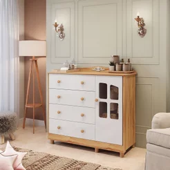 Cômoda de Bebê 120,30cm 1 Porta com Janela 4 Gavetas 100% MDF Maya Clássico Espresso Móveis Branco/Brilho/Amêndoa