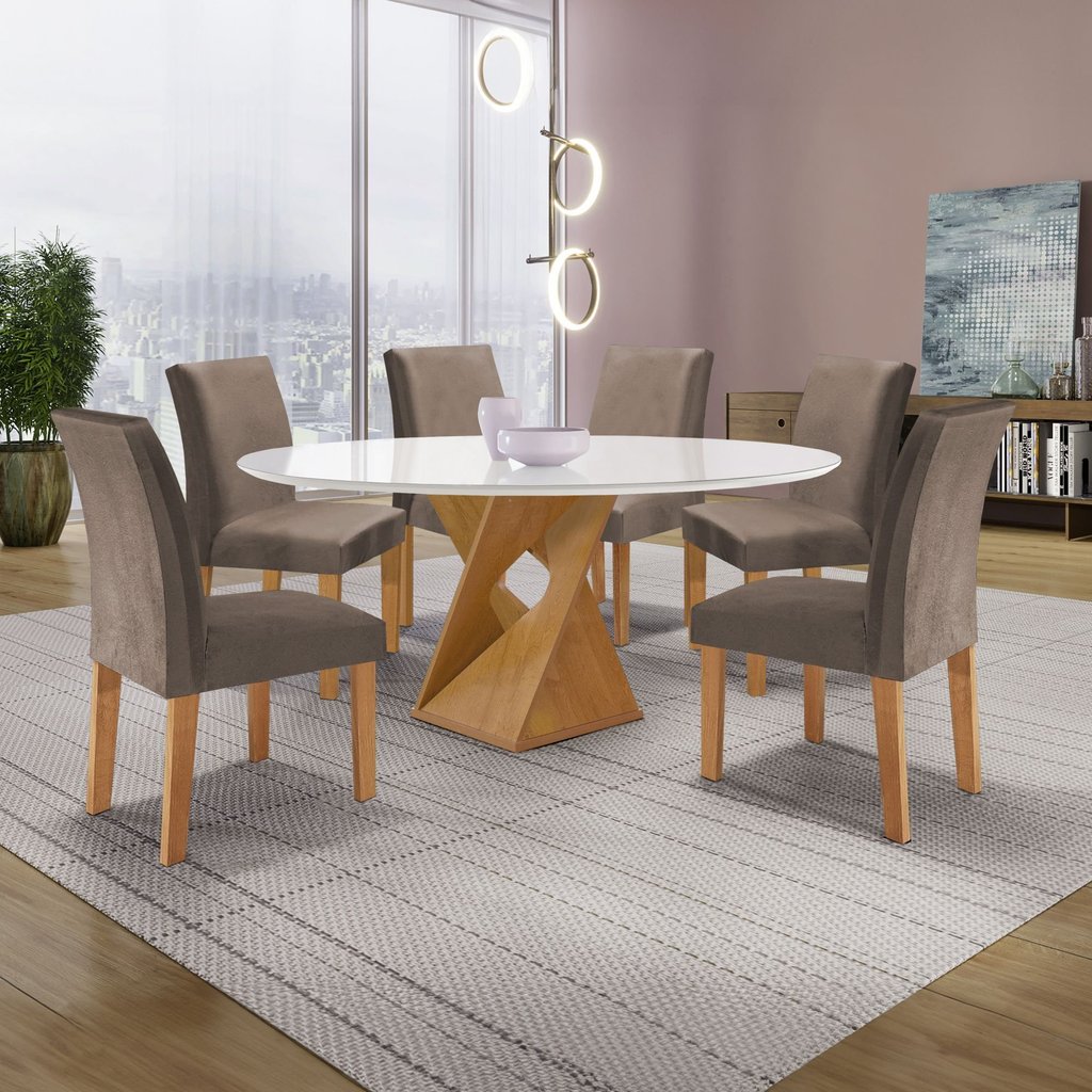 Conjunto Mesa Barcelona 120cm com 6 Cadeiras Espanha Tampo Plus Redondo Vidro Yescasa Cinamomo/Off White/Areia