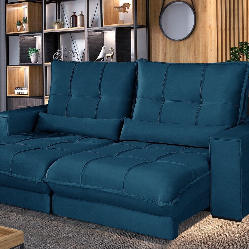 Sofá Retrátil e Reclinável Thor - Molas Ensacadas 290 Cm – Veludo Azul Marinho