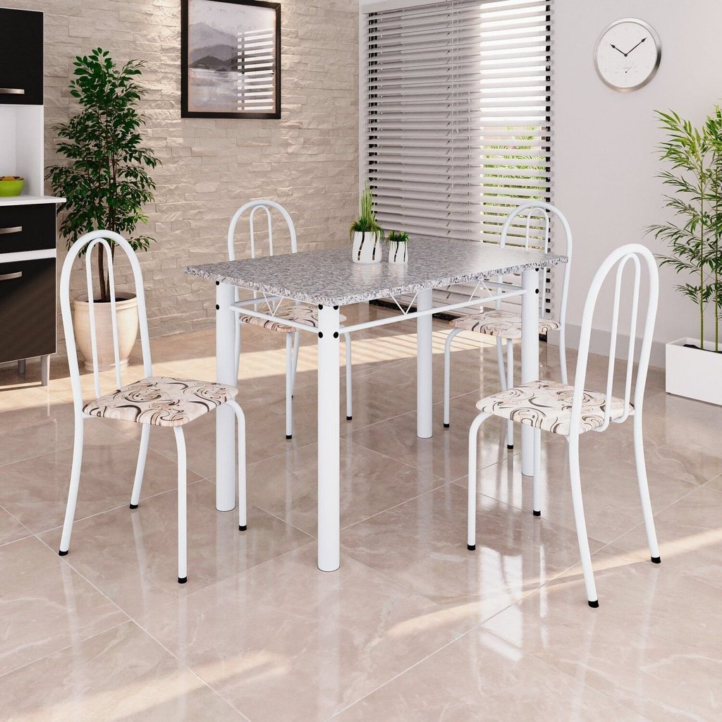 Conjunto de Mesa Tubular 100x60cm Tampo em Granito com 4 Cadeiras Branco/Arabesco