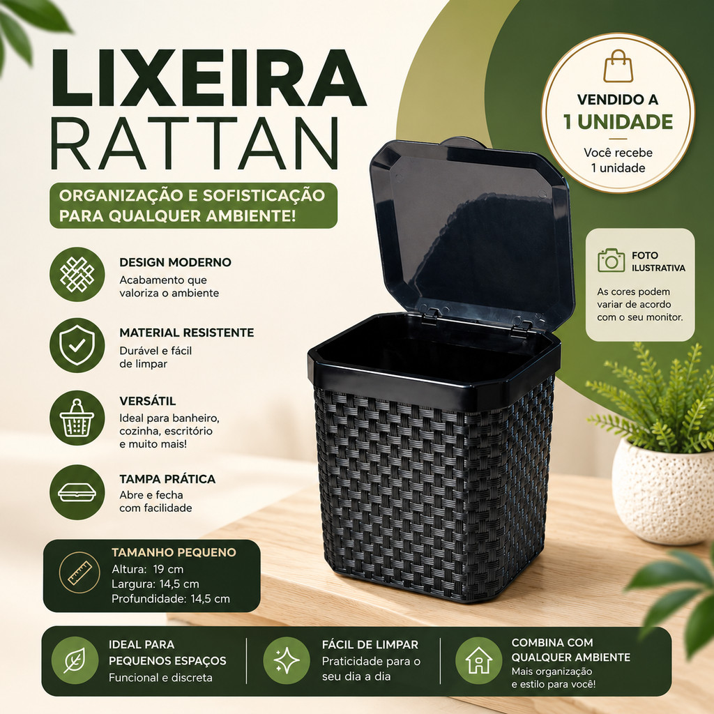 Lixeira Rattan Pia 5 Litros Preta Com  Tampa Escritório Cozinha Banheiro Lixeira Pia Arqpalst
