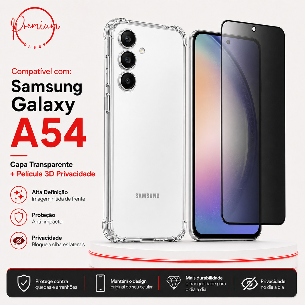 Capa Capinha Anti Impacto Para Galaxy A54 5G + Película 3D Privacidade Anti Spy Espião