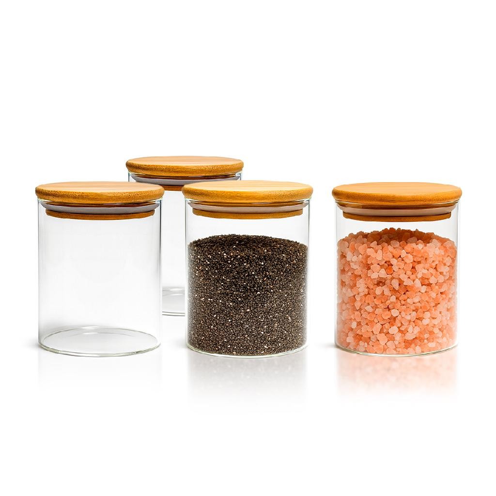 Kit 4 Potes vidro Hermético tampa Bambu redondo cozinha Multiuso 450ML mantimentos transparente