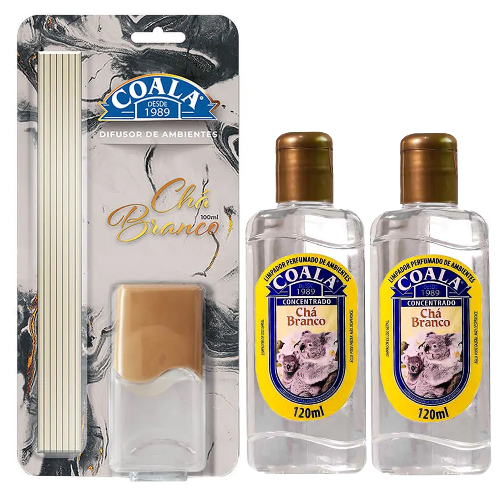 KIT 2 LIMPADOR PERFUMADO 120ML + 1 DIFUSOR DE AROMAS COALA CHÁ BRANCO em Oferta na Shopee