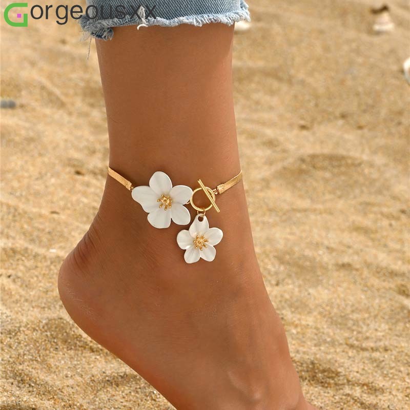 [Gorgeousxx] Tornozeleiras Modernas Com Pingente De Flor De Cerejeira Para Mulheres , Acessórios De Joias De Praia De Ve