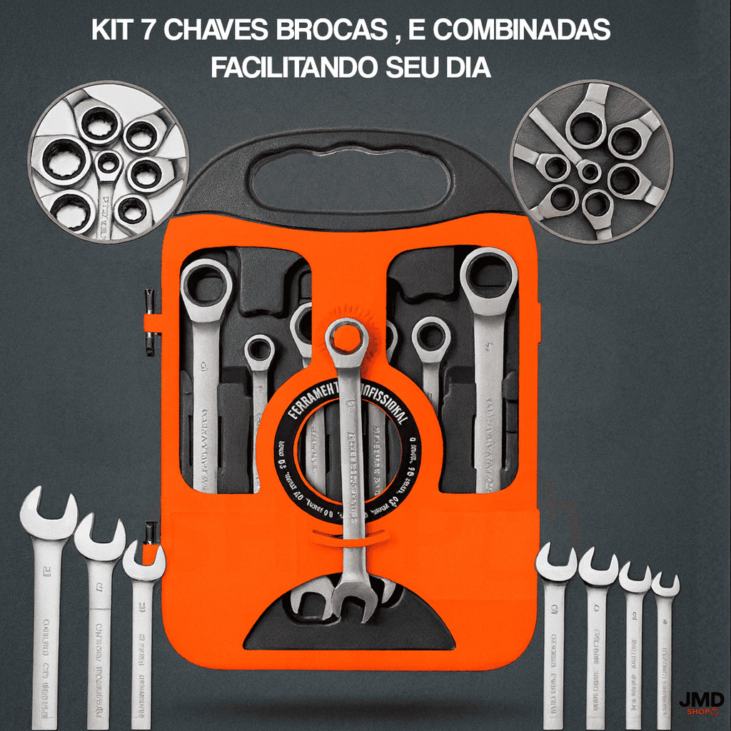Kit 7 Peças Jogo Chave Ferramenta Combinada Catraca Boca Profissional Manutenção